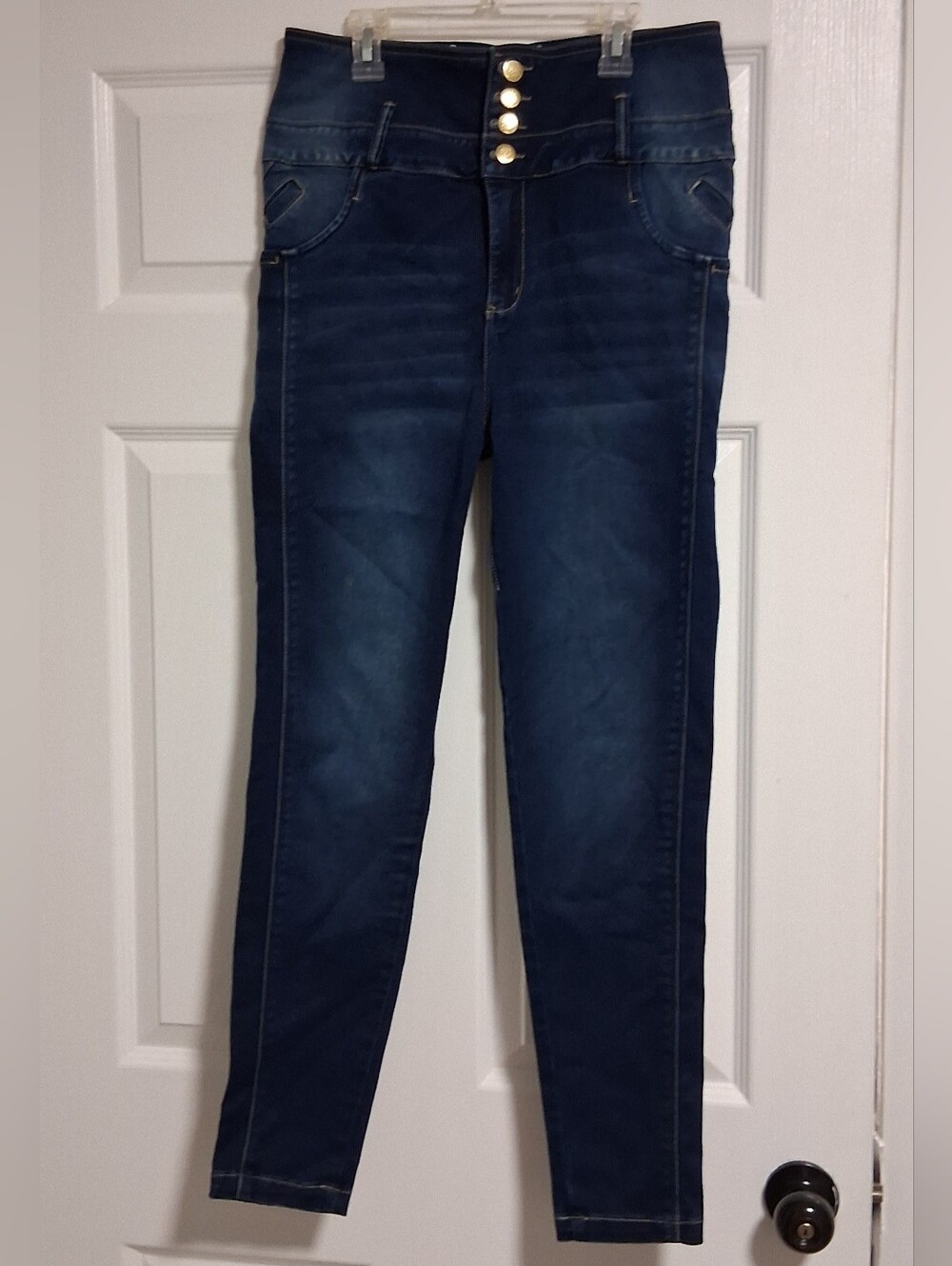Colombian Tissini Dark Blue Skinny Jeans with Gold Buttons Butt Lift Size 11.
